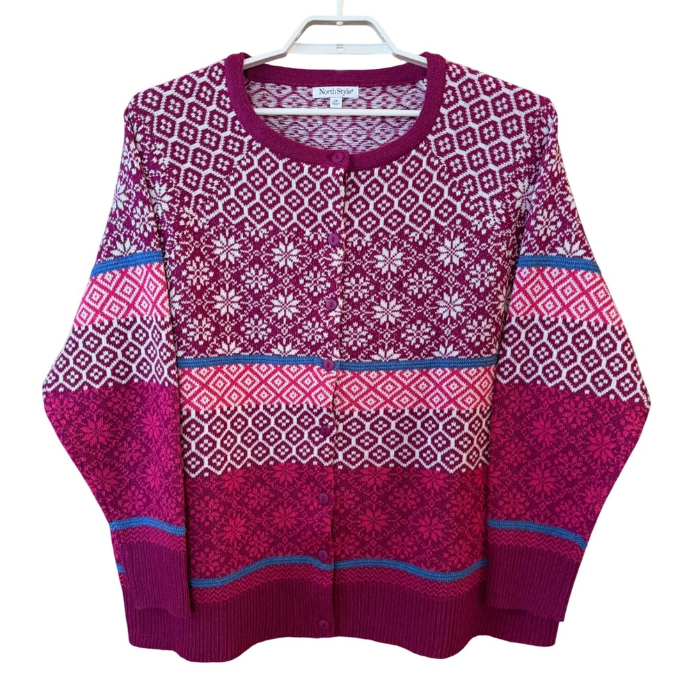 NorthStyle Cardigan Women 2X Magenta Fair Isle Wool Blend Button Front Sweater